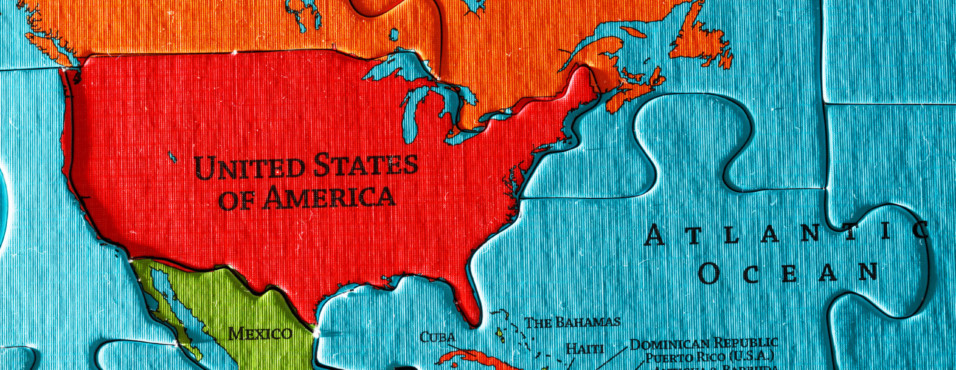 map puzzle showing the North America and Atlantic Ocean; global water usage